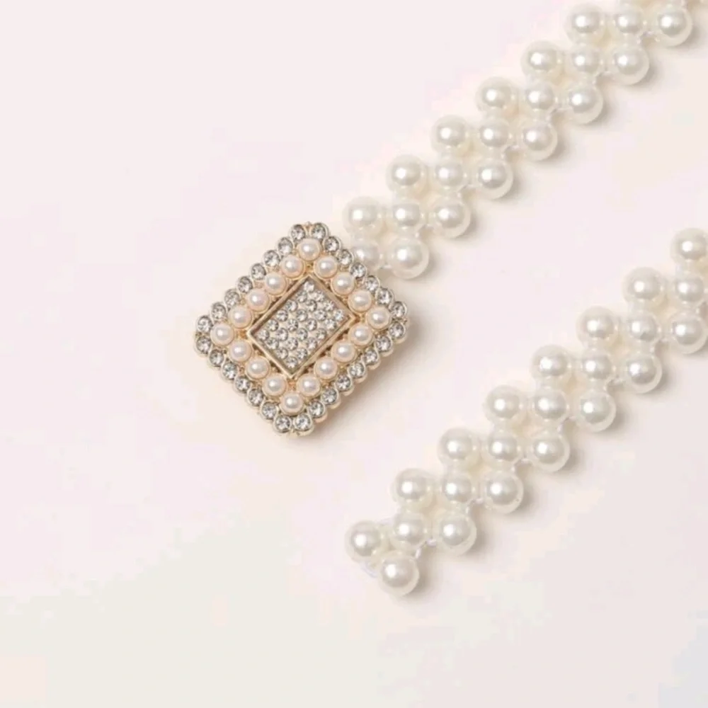 Faux‎ white pearl beaded square buckle elegant elastic stretch waist belt